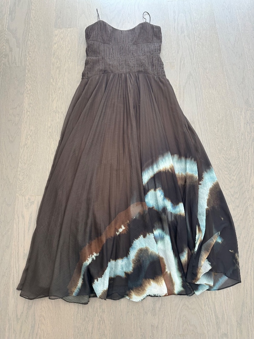 AMUR Sue Olive Green Pleated Maxi Chiffon Dress Tie Dye Gown - Size 6 - Picture 2 of 13